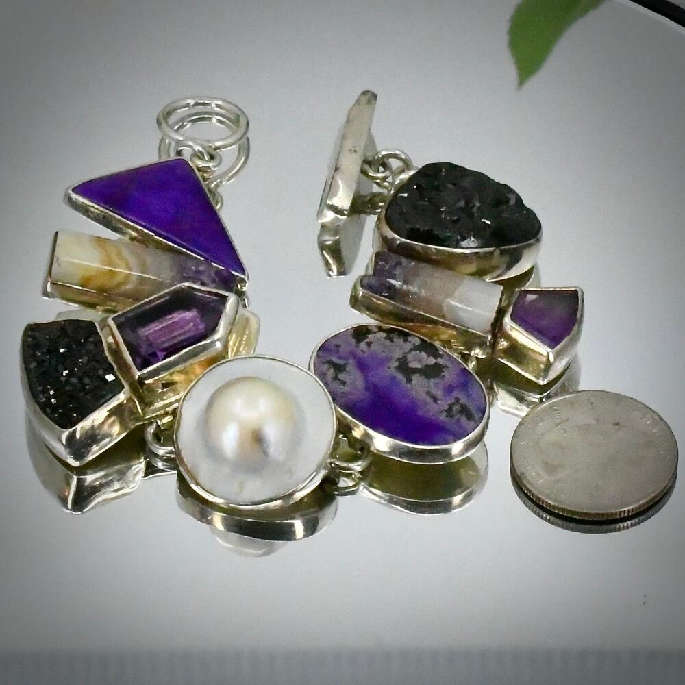 Echo of The Dreamer Sterling Silver Multi Gemstone Amethyst Druzy Pearl Bracelet